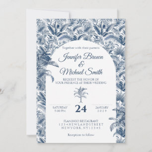 Dusty Blue Big Palm Tree Botanical Arch Wedding Invitation