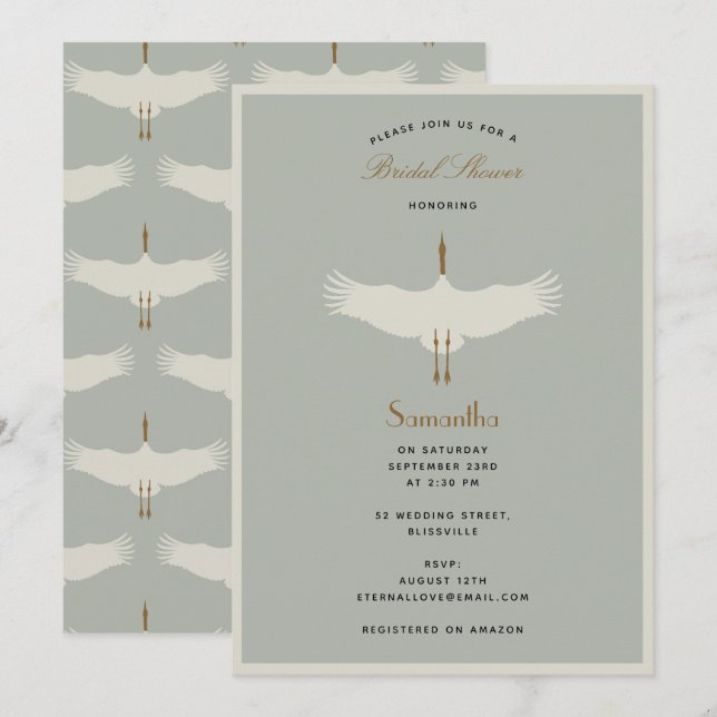 Dusty Blue Birds Swans Art Deco Bridal Shower Invitation (Front/Back)