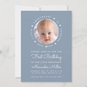 Dusty Blue Birthday Boy Photo Little Sweetheart  Invitation