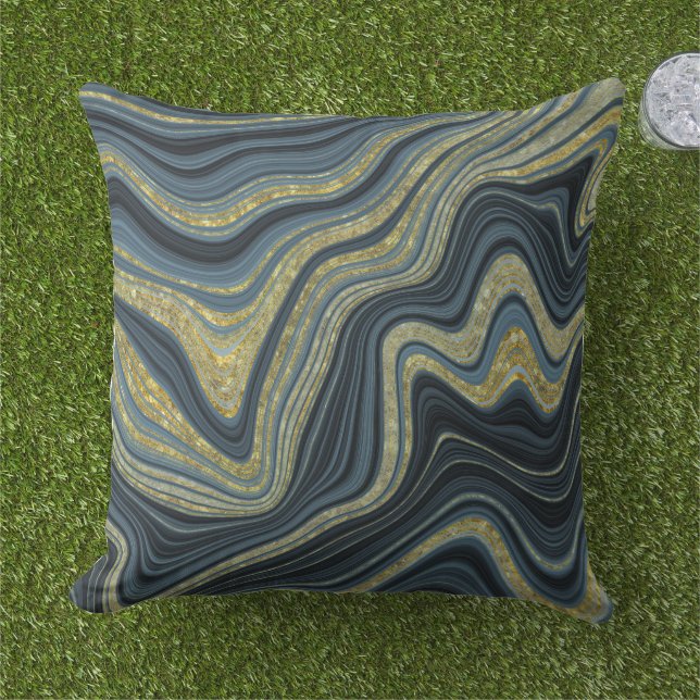 Dusty Blue Black and Gold Marble Look Pattern Cushion (Grass)