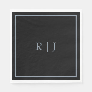 Dusty Blue Black Monogram Letters Initials Wedding Napkin