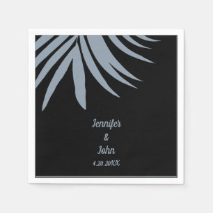 Dusty Blue Black Palm Leaf Beach Tropical Wedding Napkin