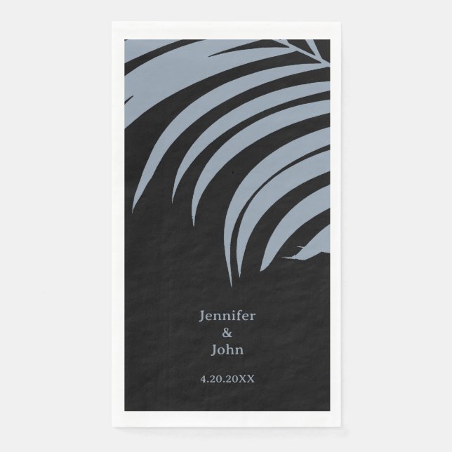 Dusty Blue Black Tropical Palm Leaves Wedding Napkin (Front)