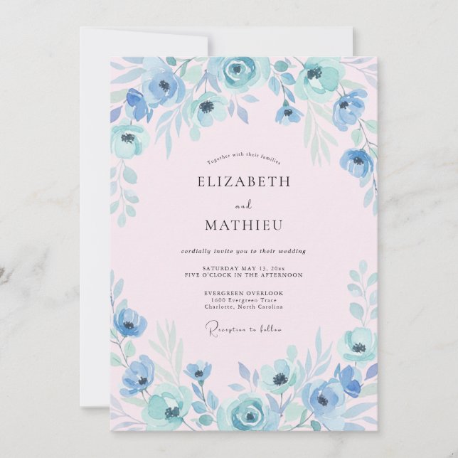 Dusty Blue Bloom Arch Wedding Invitation (Front)