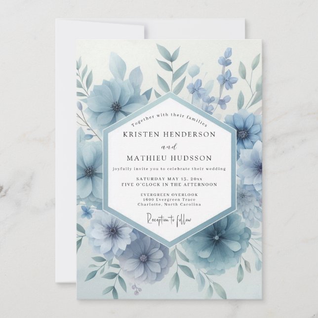 Dusty Blue Bloom Botanical Wedding Invitation (Front)