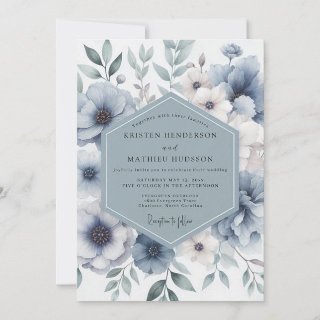Dusty Blue Bloom Enchantment Wedding Invitation (Front)