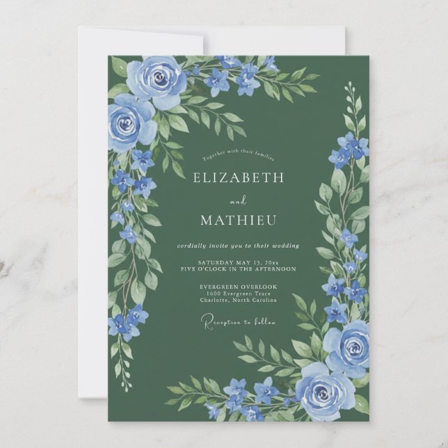 Dusty Blue Bloom Flourish Wedding Invitation (Front)