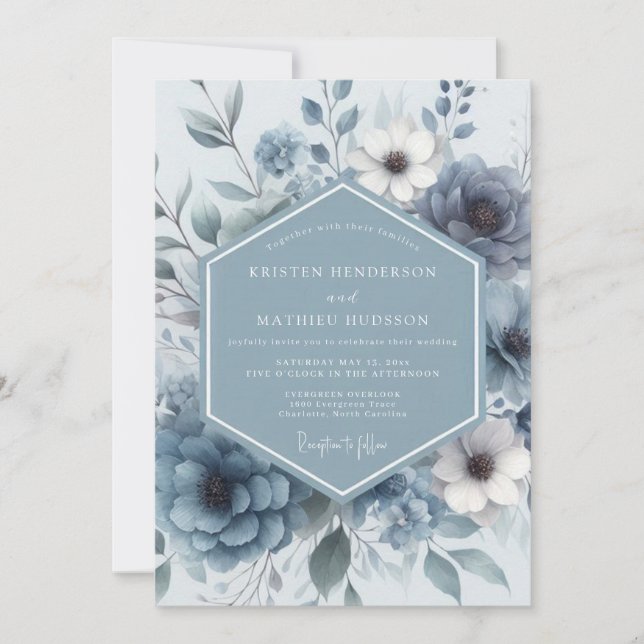 Dusty Blue Bloom Romance Wedding Invitation (Front)