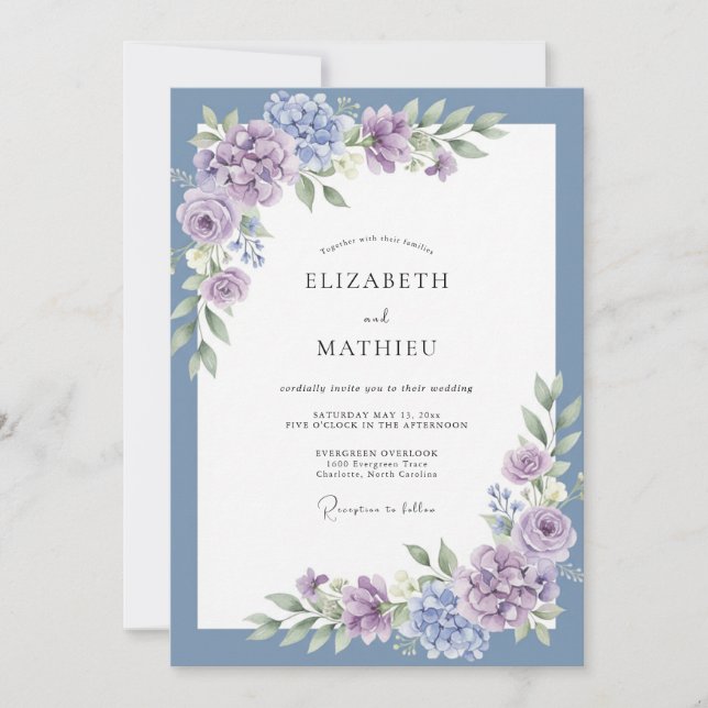 Dusty Blue Blossom Romance Wedding Invitation (Front)