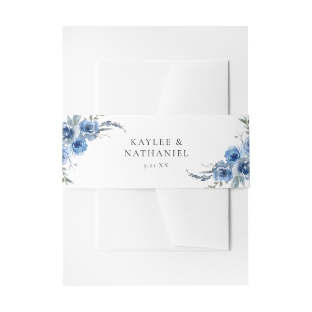 Dusty Blue & Blue Floral  Invitation Belly Band (Front Example)