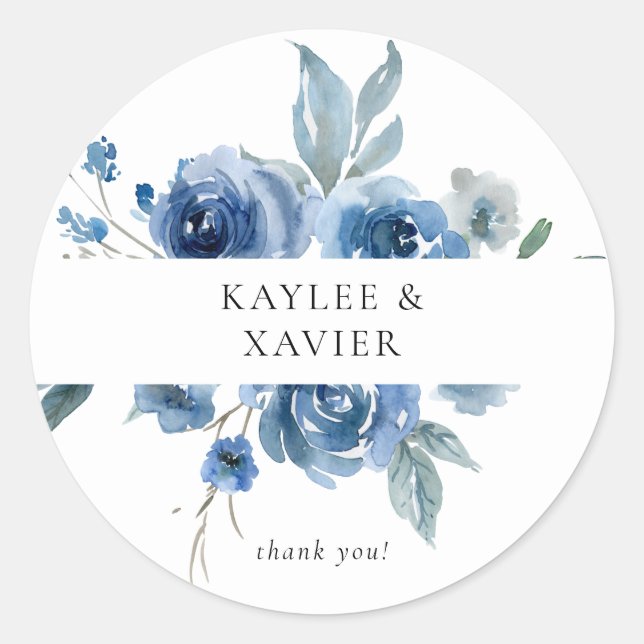Dusty Blue & Blue Floral Thank You Classic Round Sticker (Front)