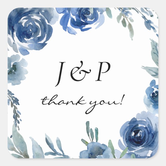 Dusty Blue & Blue Floral Thank You Monogram 2 - Square Sticker (Front)