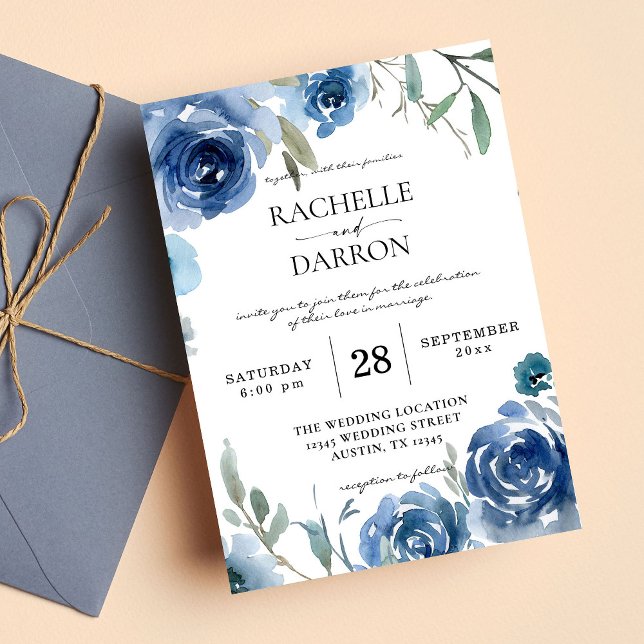 Dusty Blue & Blue Floral Wedding Invitation (Creator Uploaded)