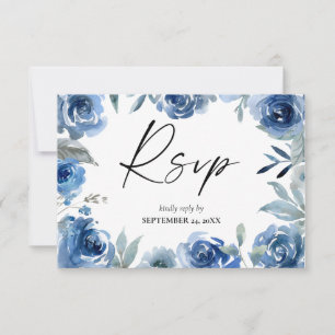 Dusty Blue & Blue Floral with Meal RSVP Card