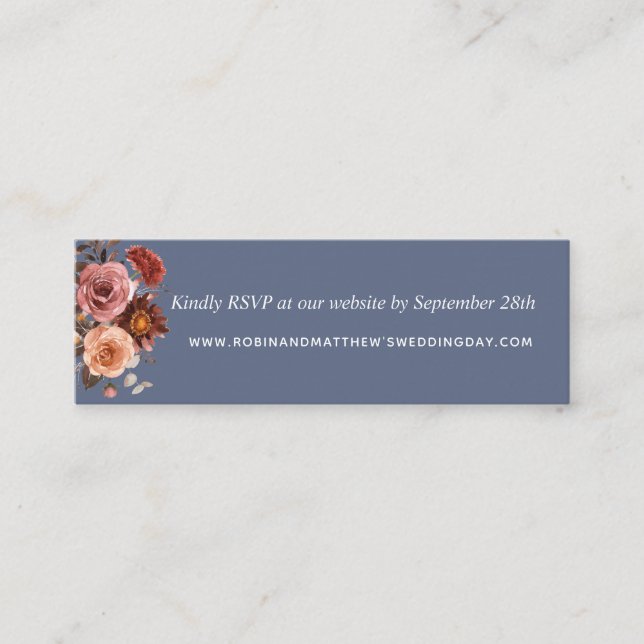 Dusty Blue, Blush and Burgundy Floral Website Rsvp Mini Business Card (Front)