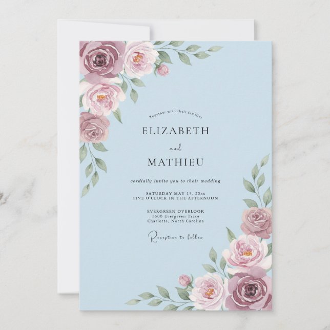 Dusty Blue Blush Blossom Wedding Invitation (Front)