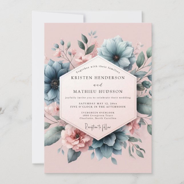 Dusty Blue Blush Blossom Wedding Invitation (Front)