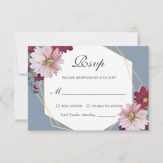 Dusty Blue Blush Burgundy Floral Gold Wedding RSVP Card (Front)
