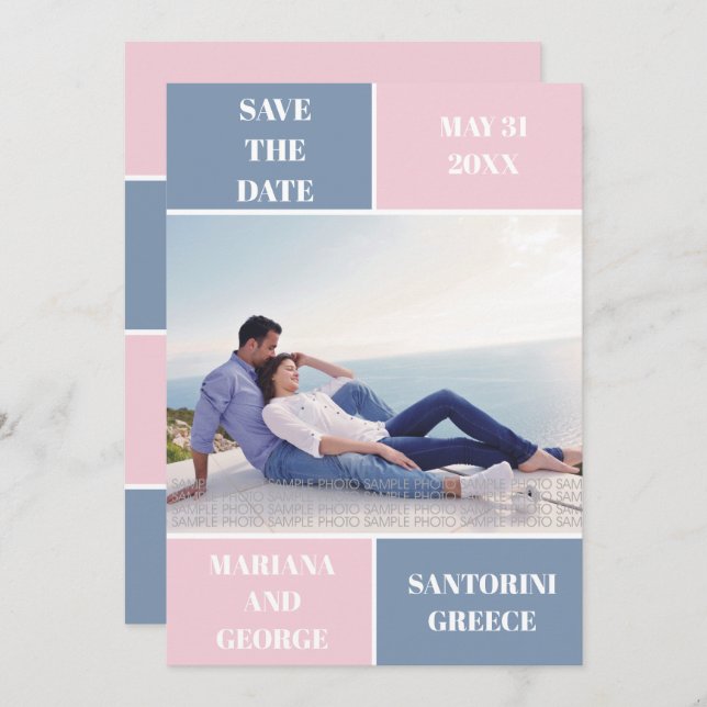 Dusty blue blush colour block wedding Save the Dat Save The Date (Front/Back)