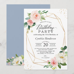 Dusty Blue Blush Floral Geometric Birthday Party Invitation