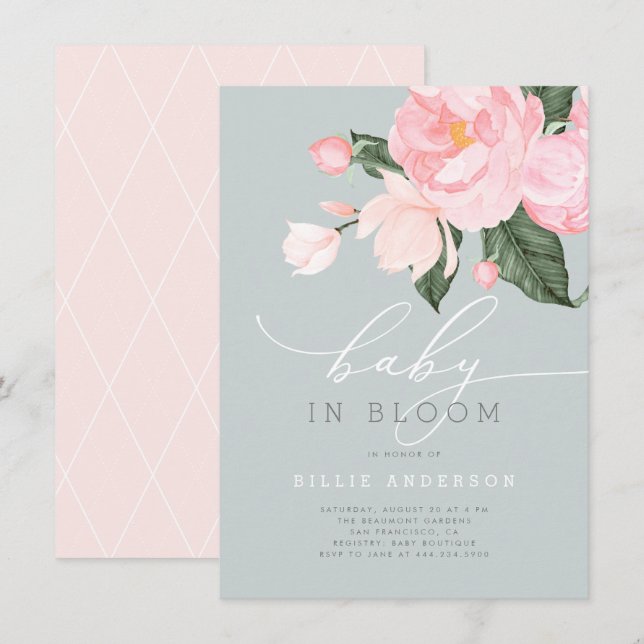 Dusty Blue Blush Floral Girl Baby in Bloom Shower Invitation (Front/Back)