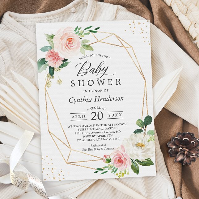 Dusty Blue Blush Floral Gold Geometric Baby Shower Invitation (Creator Uploaded)