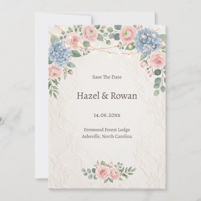Dusty Blue Blush Floral Save the Date Invitation (Front)