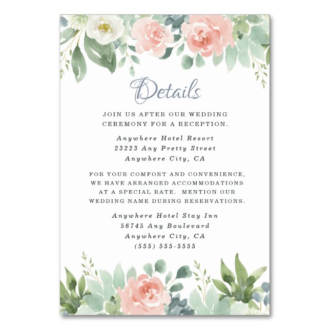Dusty Blue Blush Floral Wedding Enclosure Cards (Front)