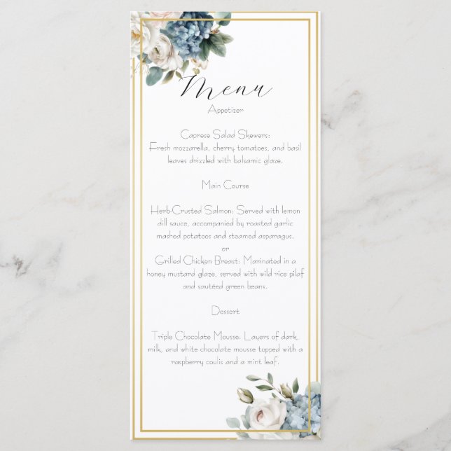 Dusty Blue & Blush Floral Wedding Menu Card  (Front)