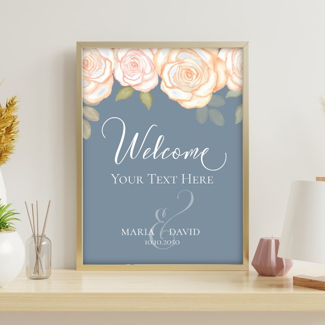 Dusty Blue Blush Floral Wedding Welcome Sign Flyer (Dusty blue wedding welcome sign with blush roses and romantic script typography.)