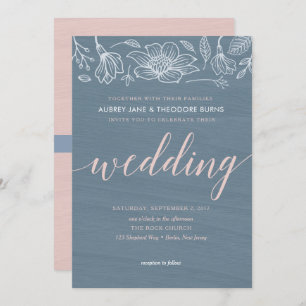 Dusty Blue & Blush Flowers Wedding Invitation Card