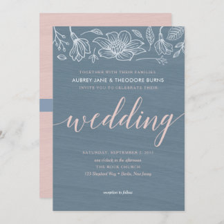 Dusty Blue & Blush Flowers Wedding Invitation Card