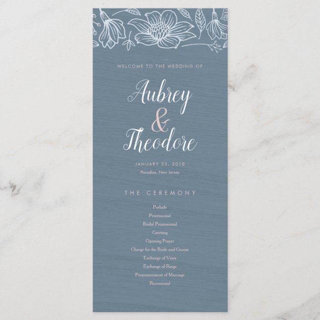 Dusty Blue & Blush Flowers Wedding Program - Dark (Front)