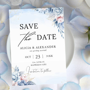 Dusty Blue Blush Gold Floral Save the Date Invitation