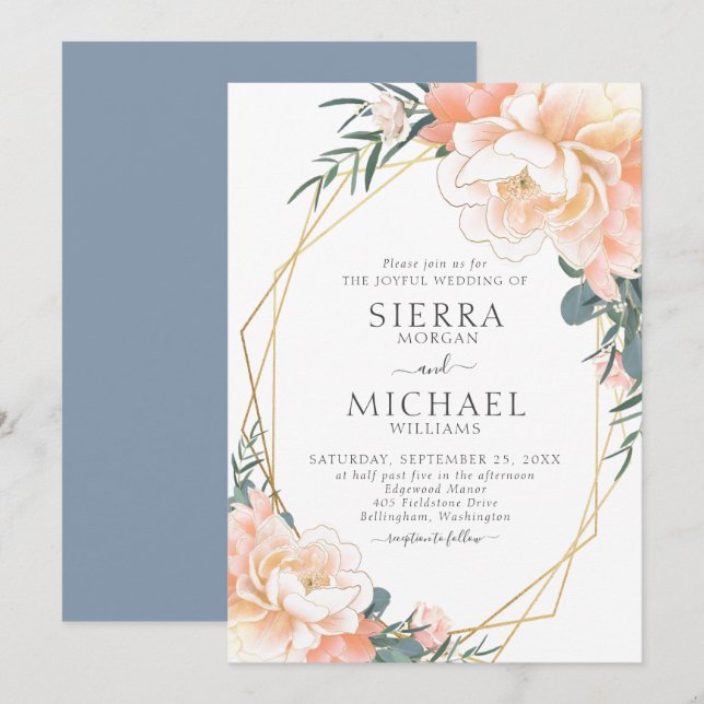 Dusty Blue Blush Gold Peach Floral Wedding Invitation (Front/Back)