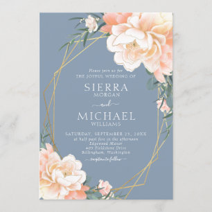 Dusty Blue Blush Peach Gold Floral Wedding Invitation