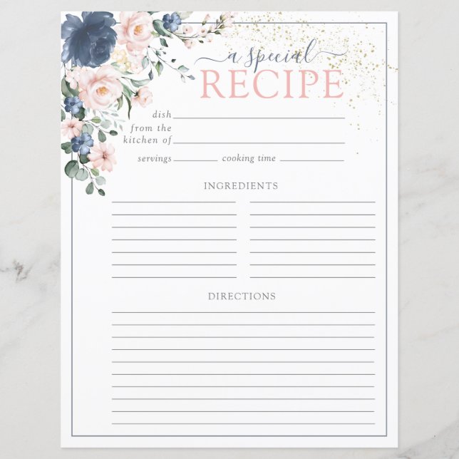 Dusty Blue Blush Pink Bridal Shower Recipe Page (Front)
