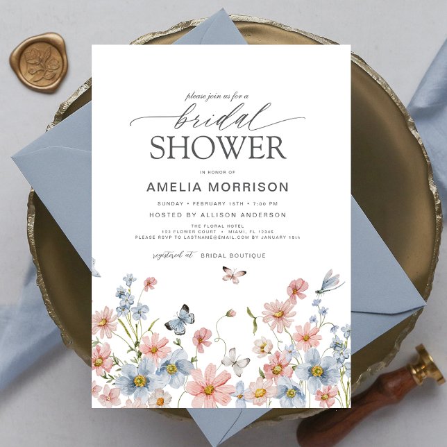 Dusty Blue Blush Pink Elegant Garden Bridal Shower Invitation (Creator Uploaded)