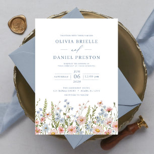 Dusty Blue Blush Pink Elegant Garden Wedding Invitation