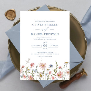 Dusty Blue Blush Pink Elegant Garden Wedding Invitation
