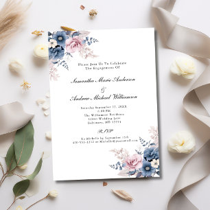 Dusty Blue Blush Pink Floral Botanical Engagement Invitation