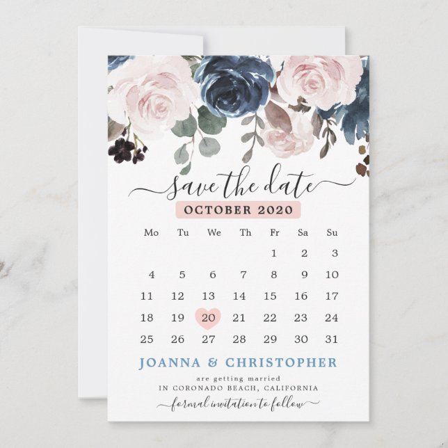 Dusty Blue Blush Pink Floral Botanical Wedding Save The Date (Front)