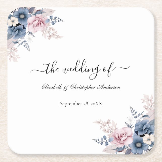 Dusty Blue Blush Pink Floral Botanical Wedding Square Paper Coaster (Front)