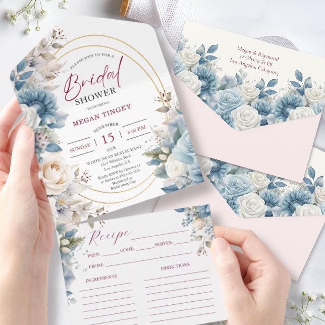 Dusty Blue Blush Pink Floral Bridal Shower All In One Invitation (Creator Uploaded)