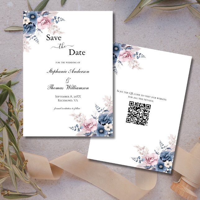 Dusty Blue Blush Pink Floral Elegant QR code Save The Date (Dusty Blue Pink blush floral watercolor Elegant QR code wedding save the date )