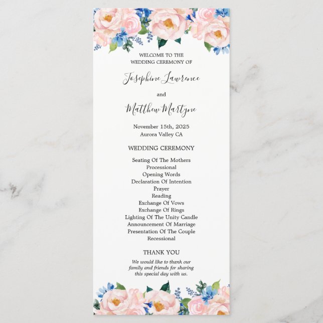 Dusty Blue Blush Pink Floral Eucalyptus Wedding Program (Front)
