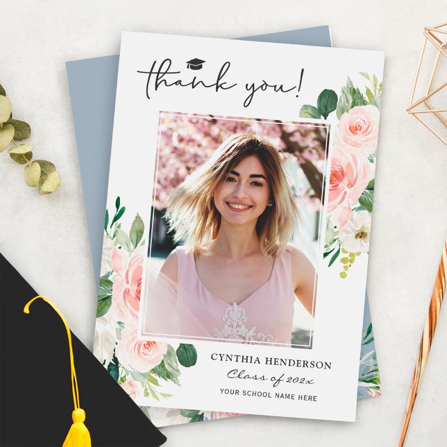Dusty Blue Blush Pink Floral Graduation Photo Thank You Card (Creator Uploaded)
