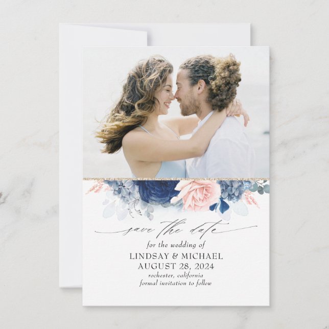 Dusty Blue & Blush Pink Floral Save the Date Photo Announcement (Front)