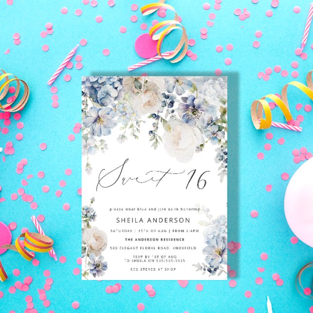 Dusty Blue & Blush Pink Floral Sweet 16 Birthday Invitation (Creator Uploaded)