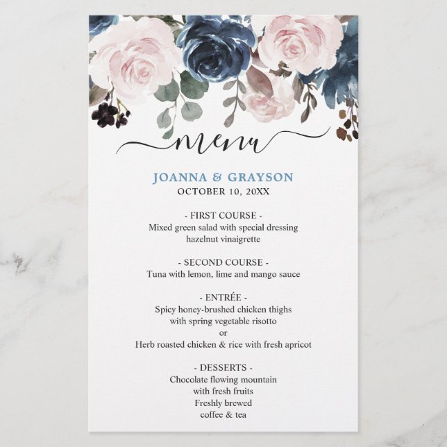 Dusty Blue Blush Pink Floral Wedding Menu (Front)